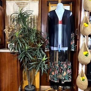 Floral Embroidered Fringe Kimono Duster L Sheer Whimsigoth Festival Stevie Nicks